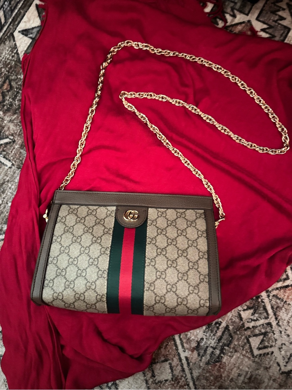 Gucci Beige GG Supreme Canvas Crossbody with Green-Red Web and Gold Chain